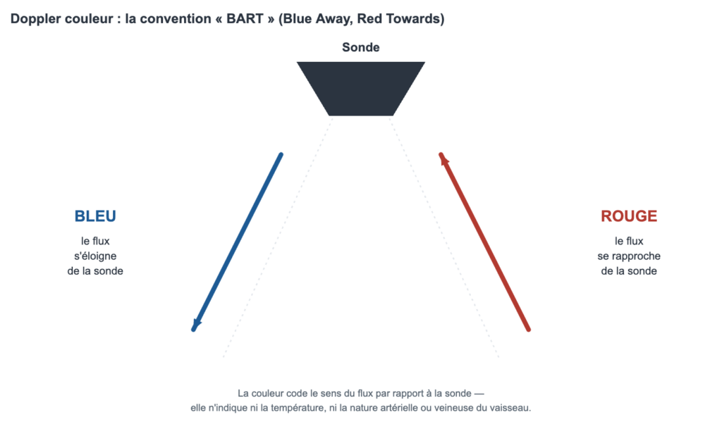 Schéma de la convention BART : en doppler couleur, le bleu code un flux qui s'éloigne de la sonde et le rouge un flux qui s'en rapproche